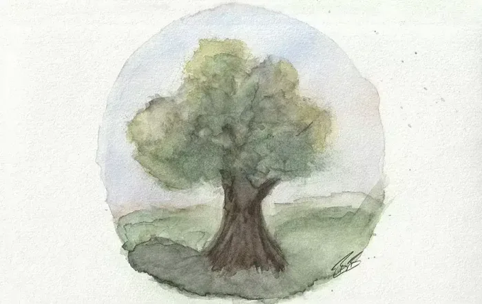 06-auragramm-website.webp aquarell-auragramm mit einem baum, der die spirituelle reise und das wachstum des klienten symbolisiert.