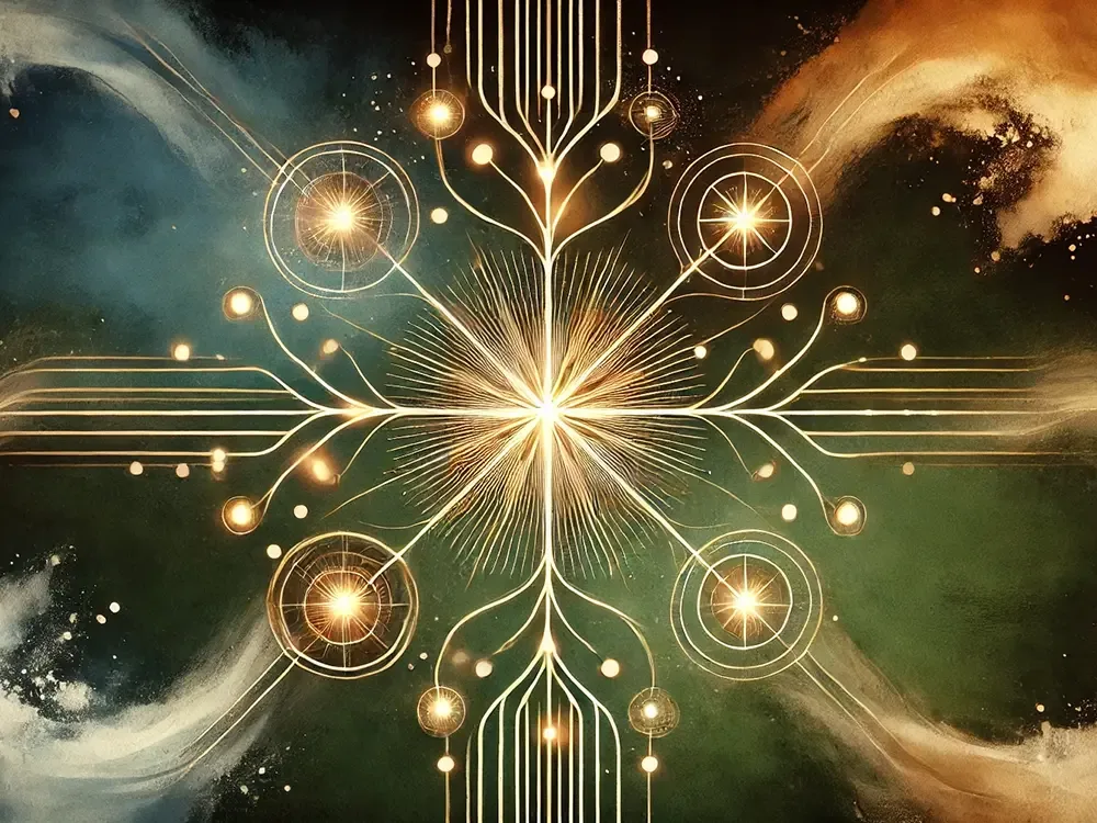 Abstrakte Darstellung goldener Pfade, die spirituelle Verantwortung symbolisieren