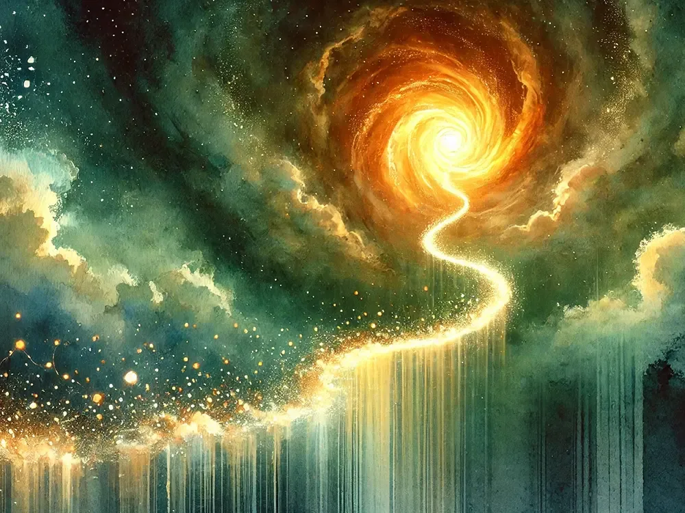 Abstraktes Aquarell einer goldenen Spirale, die die unendliche Reise der Seele darstellt